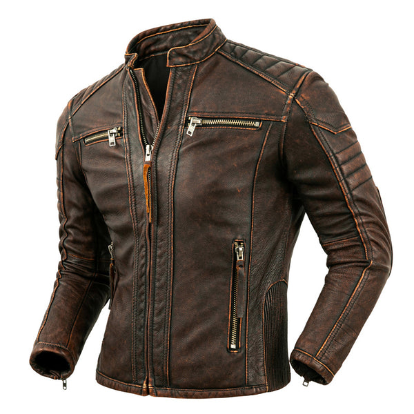 Fashion Motorcycle Jacket Cowhide Genuine Leather Casual Vintage Jackets