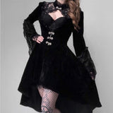 Gothic Black Lace Cutout Lantern Sleeve Stand Collar Exquisite Buttons A-line Silhouette