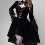 Gothic Black Lace Cutout Lantern Sleeve Stand Collar Exquisite Buttons A-line Silhouette