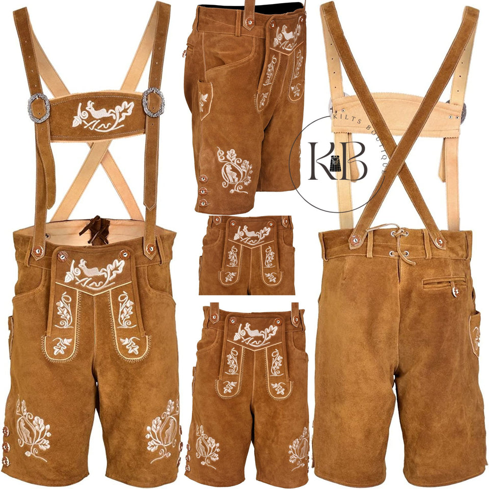 Men's Bavarian Lederhosen Genuine Leather with Matching Suspenders Shorts