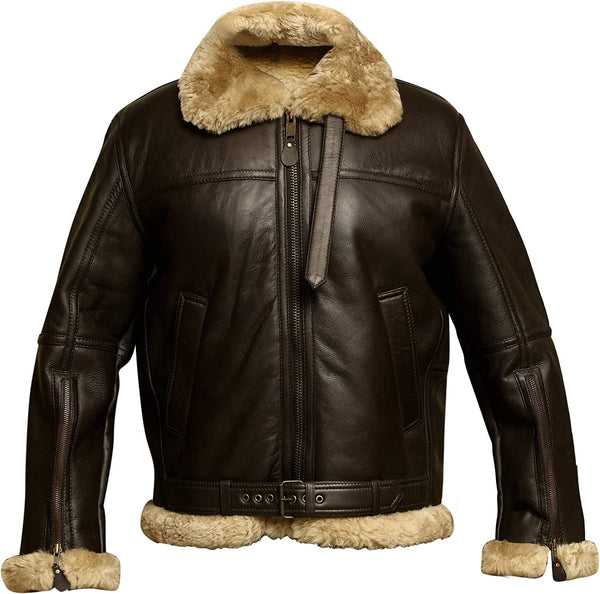 Mens RAF B3 Aviator Pilot Bomber Fur Shearling Sheepskin Leather Brown Jacket