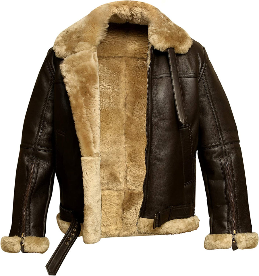 Mens RAF B3 Aviator Pilot Bomber Fur Shearling Sheepskin Leather  Jacket