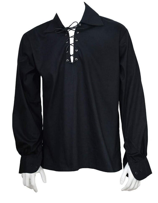 Black Scottish Men's Kilt Jacobite Ghillie Shirt with Leather Cord
