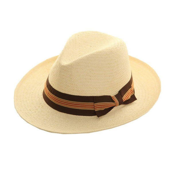 Hazy Blue Mens Hat Straw Fedora Panama style With Wide Stripe Band and Bow
