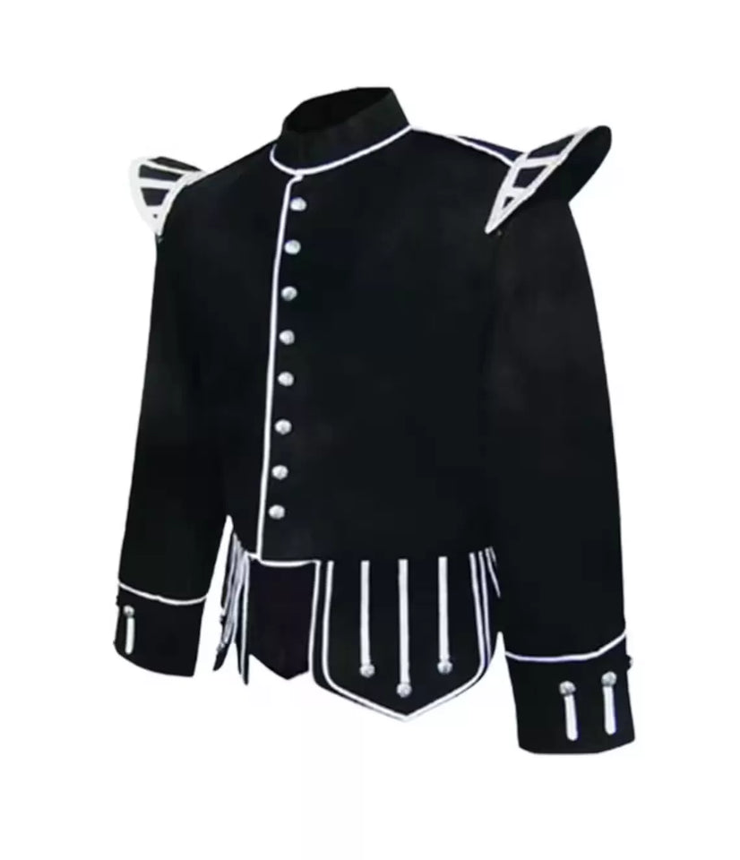 Black Doublet Piper Kilt Jacket - Marching Band Wool Jacket | Drummer Doublet Tunic