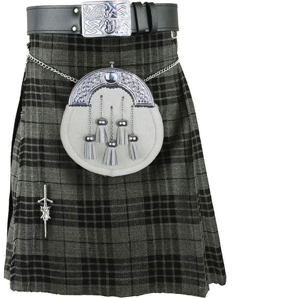 Highland Grey Scottish Men's Kilt Outfit Set Sporran, Chain, Belt, Buckle,