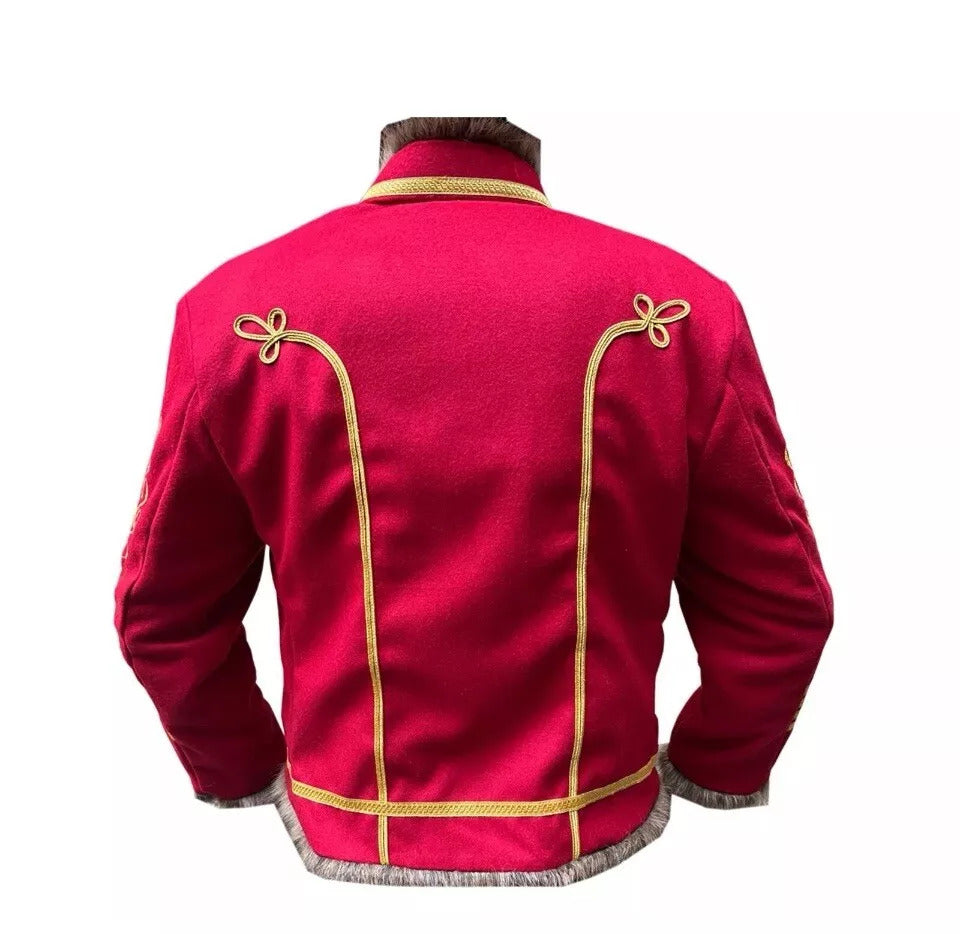 Men's Red Napoleonic Hussar Jacket - 18th Century Military Uniform Tunic Pelisse - Gold Braiding & Buttons