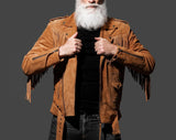 Men's Brown 100% Genuine Suede Leather Belted Fringe Jacket, Midwest Western Style Fringe Jacket