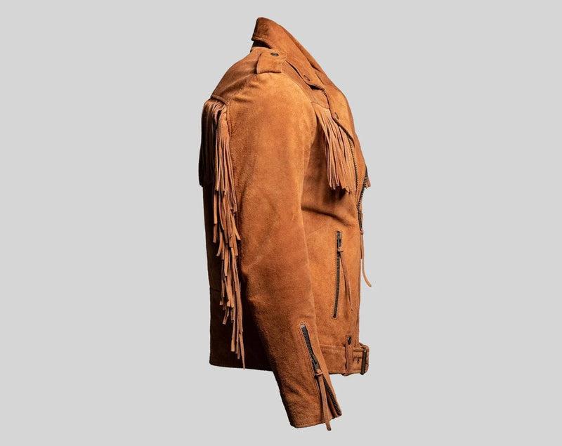 Men's Brown 100% Genuine Suede Leather Belted Fringe Jacket, Midwest Western Style Fringe Jacket