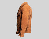 Men's Brown 100% Genuine Suede Leather Belted Fringe Jacket, Midwest Western Style Fringe Jacket