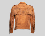 Men's Brown 100% Genuine Suede Leather Belted Fringe Jacket, Midwest Western Style Fringe Jacket