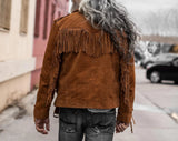 Men's Brown 100% Genuine Suede Leather Belted Fringe Jacket, Midwest Western Style Fringe Jacket