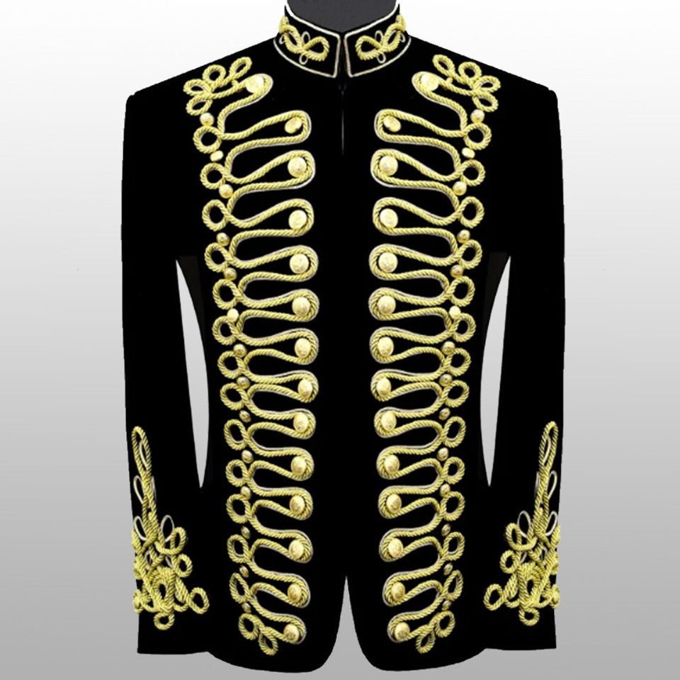 Men Velvet  Military Gold Braided Jacket Hussar Jacket