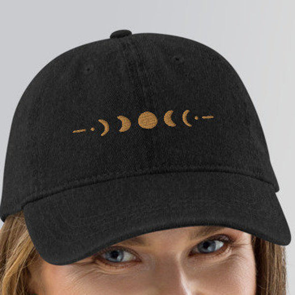 Moon Phase Hat Embroidered Denim Dad Hat Baseball Cap Minimalist Astronomy Space Hat.