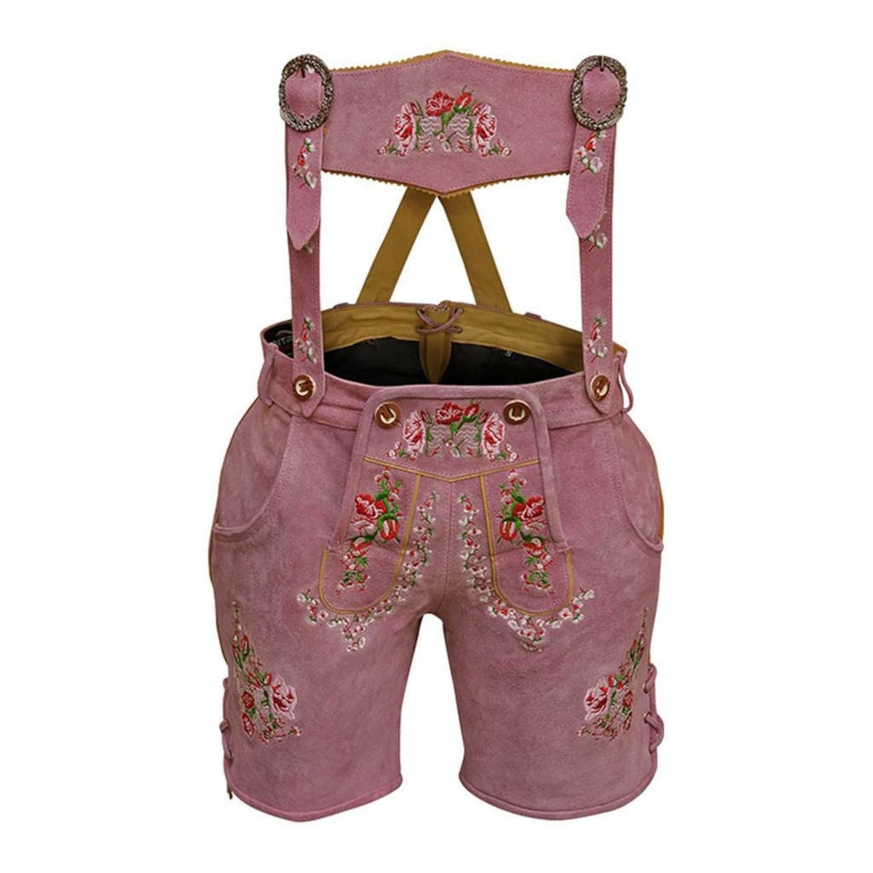 Women Suede Lederhosen With Suspender Traditional German Leather Short Rose Pink