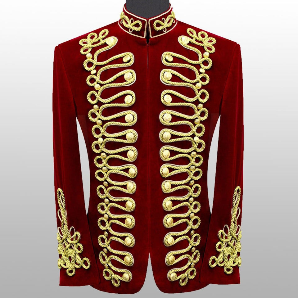 Men Velvet  Military Gold Braided Jacket Hussar Jacket