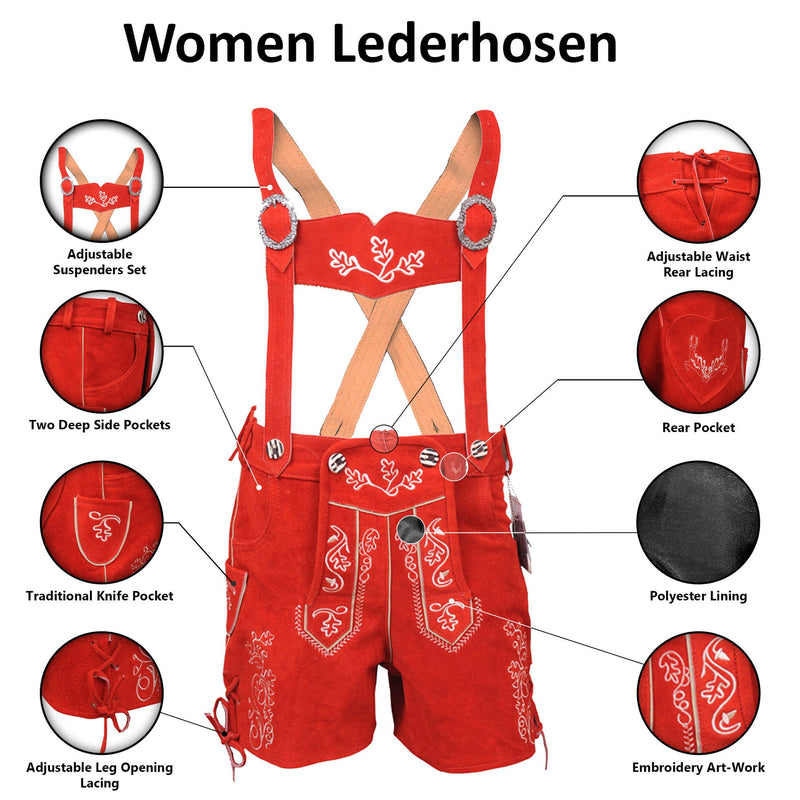 Bavarian Women Lederhosen Suede Leather Short Red Oktoberfest