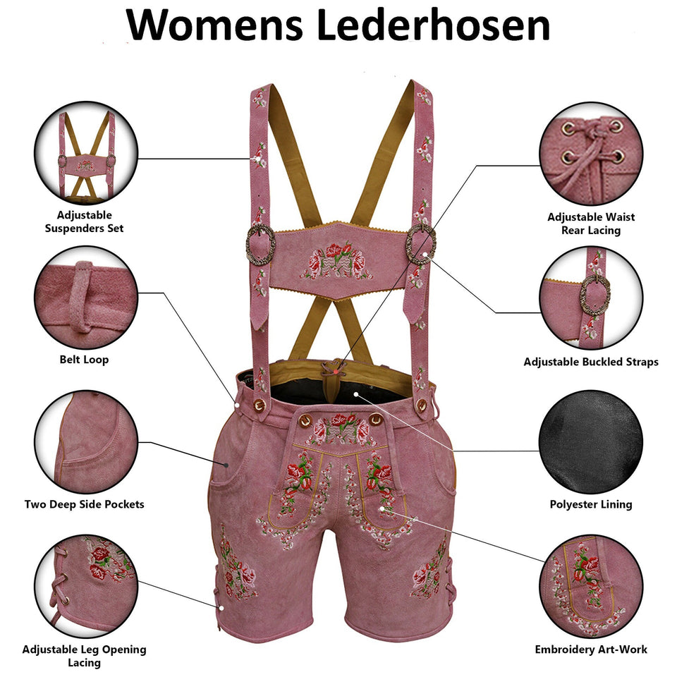 Women Suede Lederhosen With Suspender Traditional German Leather Short Rose Pink