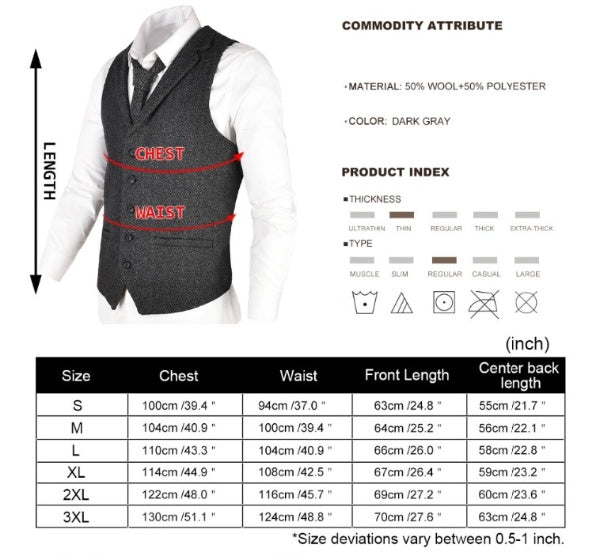 Men's Tweed Wool Blend Suit Waistcoat Herringbone Vest Tailored Collar Dress Vests