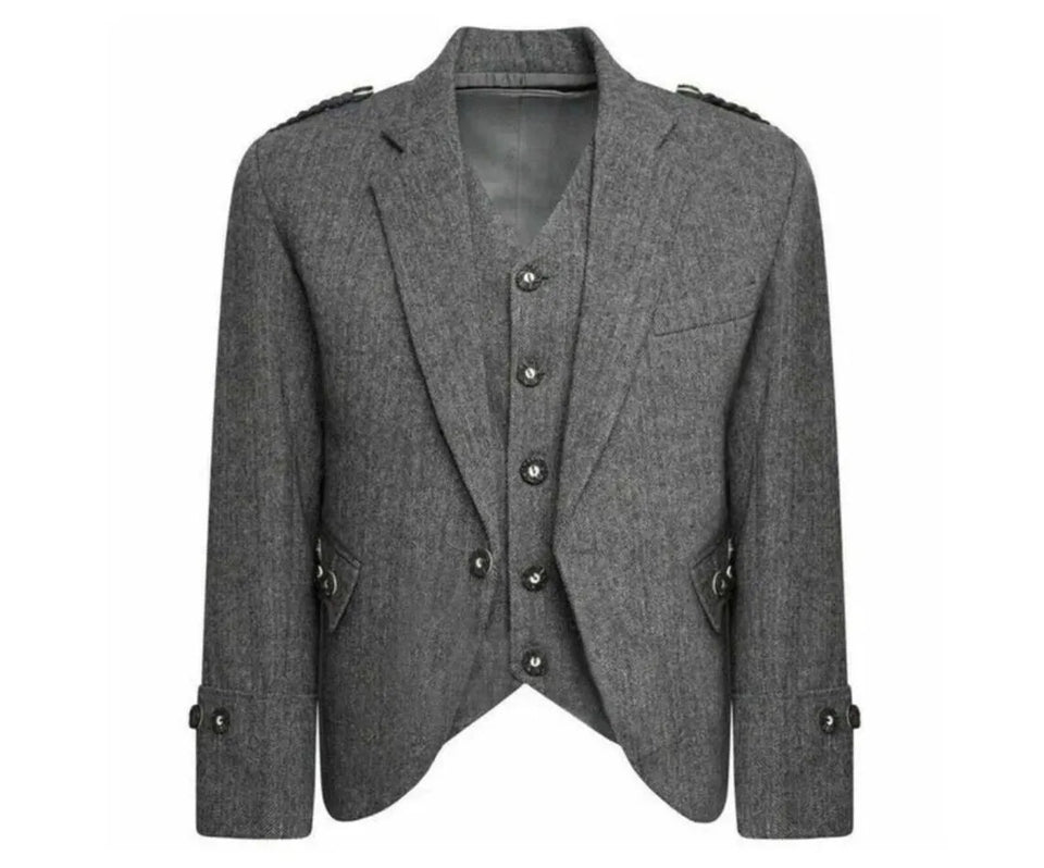 Men's Grey Tweed Argyle Kilt Jacket with Waistcoat - Wedding Formal Highlandwear