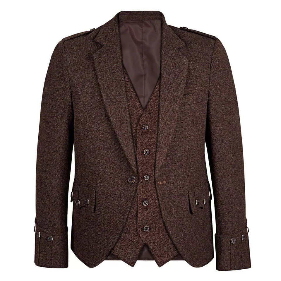 Men's Brown Tweed Argyle Kilt Jacket & 5-Button Vest Set - Perfect for Weddings & Formal Events