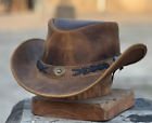 Men's Real Leather Australian Western Cowboy Style Tan Crazy Horse Bush Classic Hat