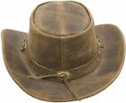 Men's Real Leather Australian Western Cowboy Style Tan Crazy Horse Bush Classic Hat