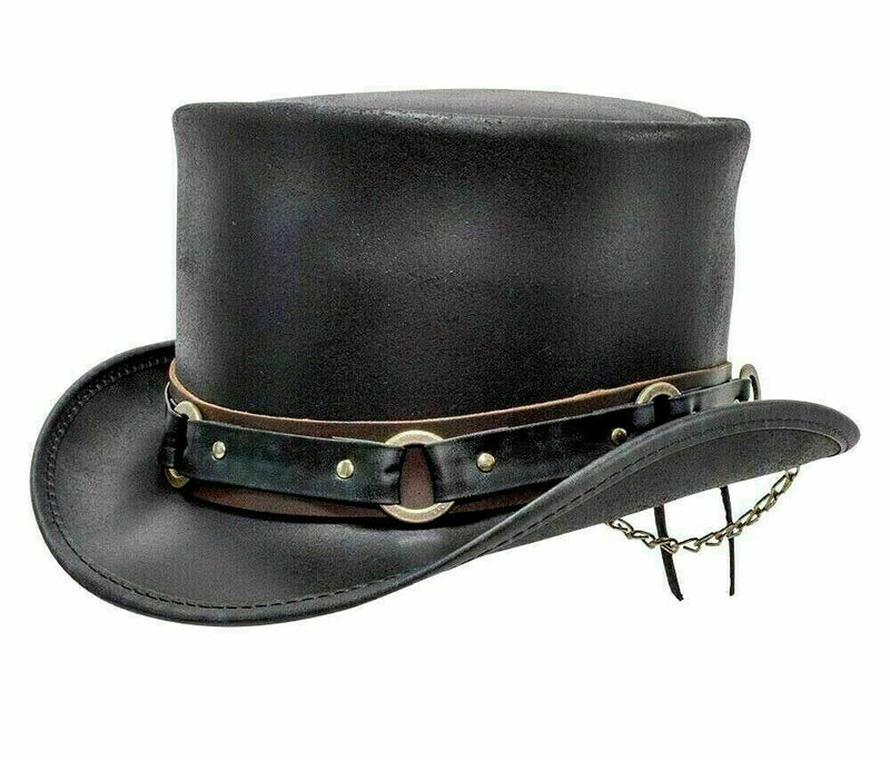 Steampunk Deadman Top Hat , El Dorado Classic Ring Band Biker Leather Top Hat