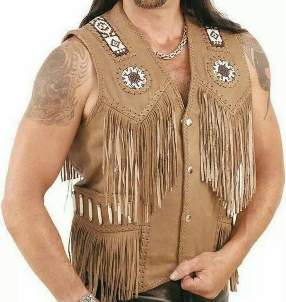 Men's Native American Western Jacket Buckskin Suede Leather Fringe & Beaded Vest