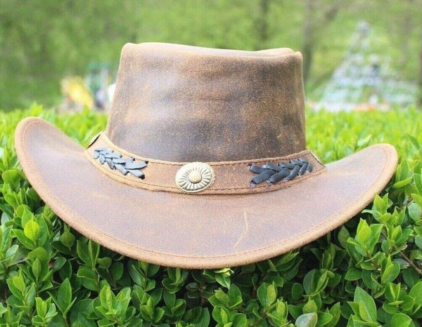 Men Cowboy Hat Real Leather Australian Western Style Tan Crazy Horse Bush Hat amsters amsters (185)