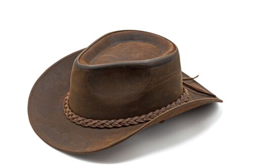 Men's Brown Genuine Leather Cowboy Western Classic Traditional Hat.