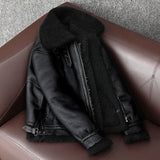 Men B3 RAF Bomber Aviator Flying Fur Shearling Real Leather Jacket Coat in Black