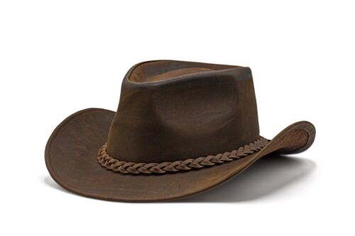 Men's Brown Genuine Leather Cowboy Western Classic Traditional Hat.