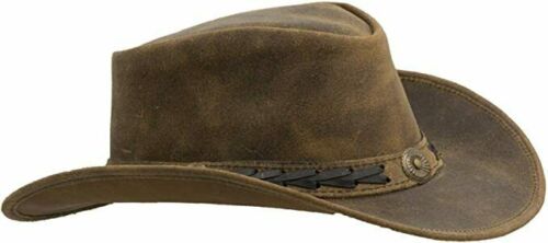 Men's Real Leather Australian Western Cowboy Style Tan Crazy Horse Bush Classic Hat