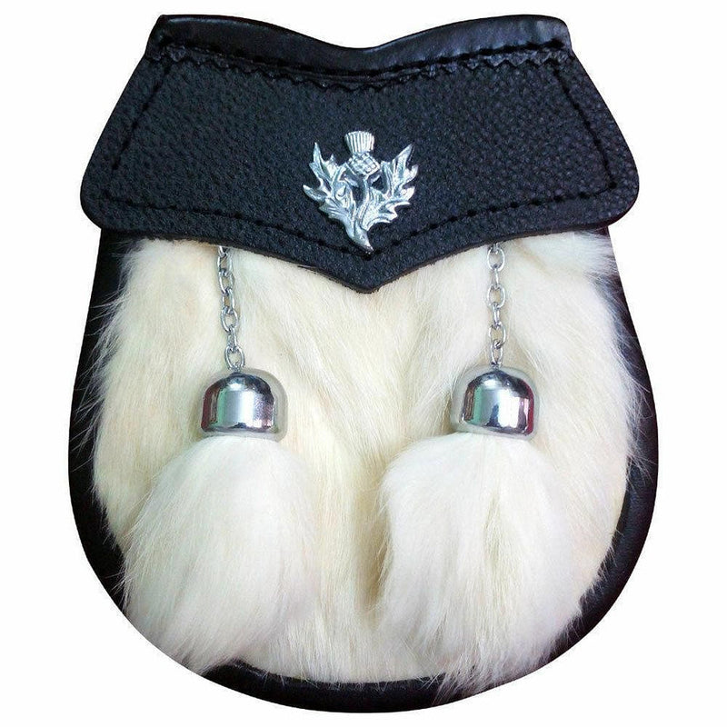 White Kids Scottish & Highland Kilt Sporran for Child's Rabbit Fur 2 Tassels Thistle