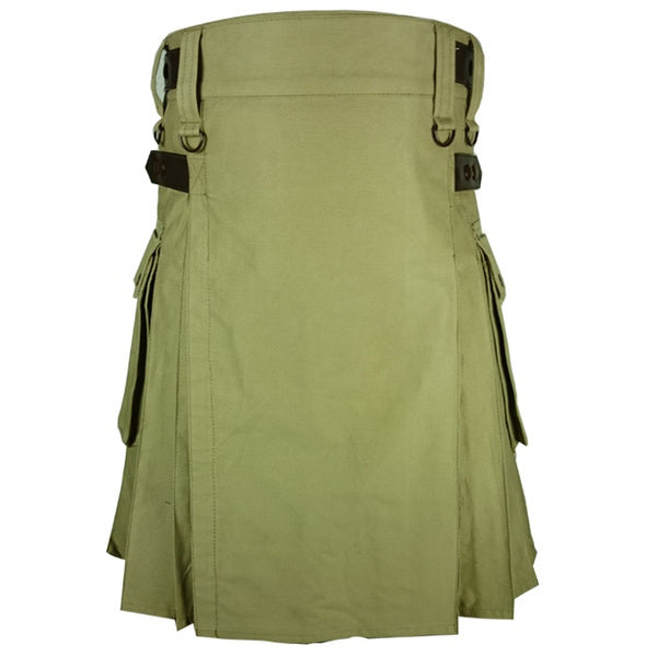 Men's Traditional Khaki Tactical Handmade Utility Cotton Kilt With Cargo Pockets