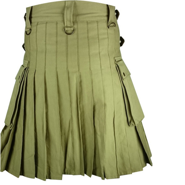 Men's Traditional Khaki Tactical Handmade Utility Cotton Kilt With Cargo Pockets