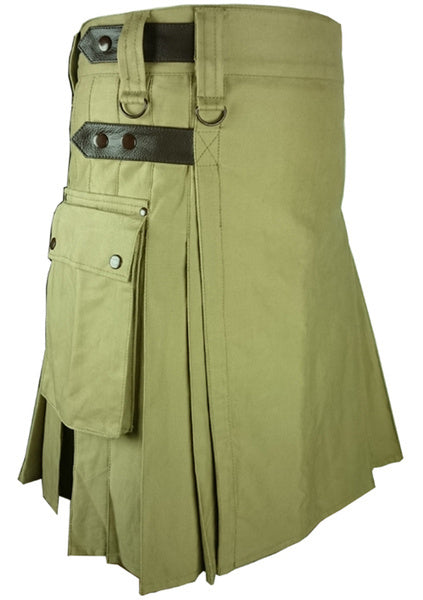 Men's Traditional Khaki Tactical Handmade Utility Cotton Kilt With Cargo Pockets