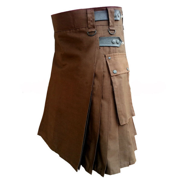 Men's Premium Quality Handmade Brown Cotton Utility Kilt With Cargo Pockets