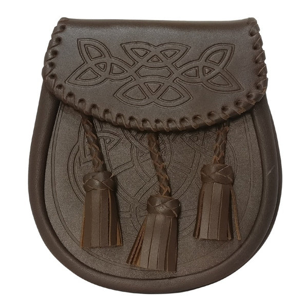 Brown Celtic Knot Embossed Leather Sporran with 3 Tassels with Chain Belt