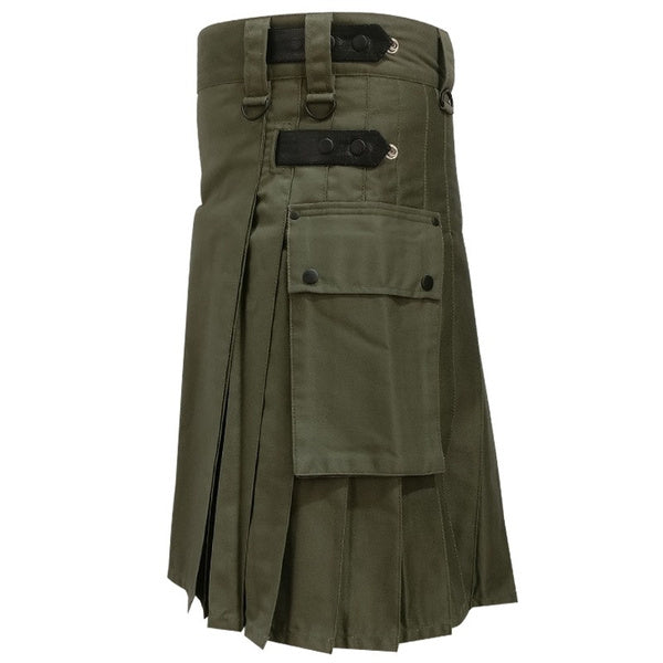 Men's traditional Olive Green Cotton Utility Tactical Cargo Pockets Kilt