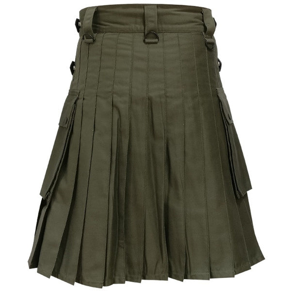 Men's traditional Olive Green Cotton Utility Tactical Cargo Pockets Kilt