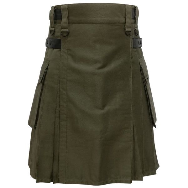 Men's traditional Olive Green Cotton Utility Tactical Cargo Pockets Kilt