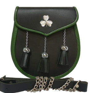 Shamrock Clover Leaf Badge Semi Dress Kilt Sporran Leather Pouch with chain  belt