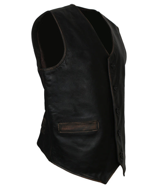 Mens Black motorcylce leather vest waistcoat