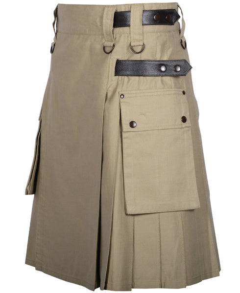 Scottish Men's Khaki Cotton Cargo Utility Duty Kilt