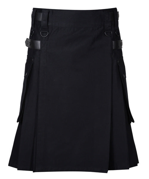 Scottish Men's Black Cotton Cargo Utility Duty Kilt