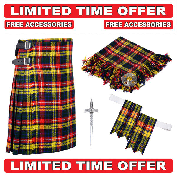 Scottish Men's 8 yard Buchanan Tartan Kilt Package outfit