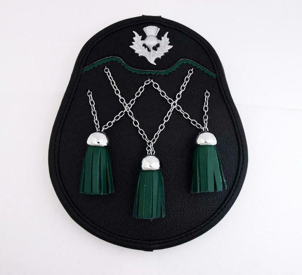Semi Dress Sporran Black Bovine Green Thistle Crest Badge/Leather Kilt Sporran - Fashions Garb