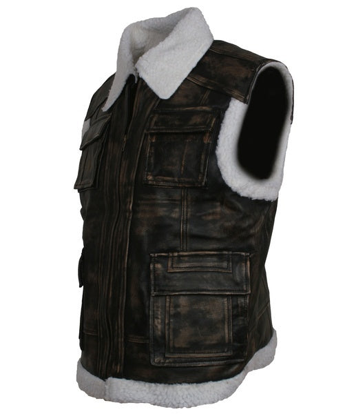 Men's Distressed Black Leather Motorcycle Vest With Fur Collar & Lining